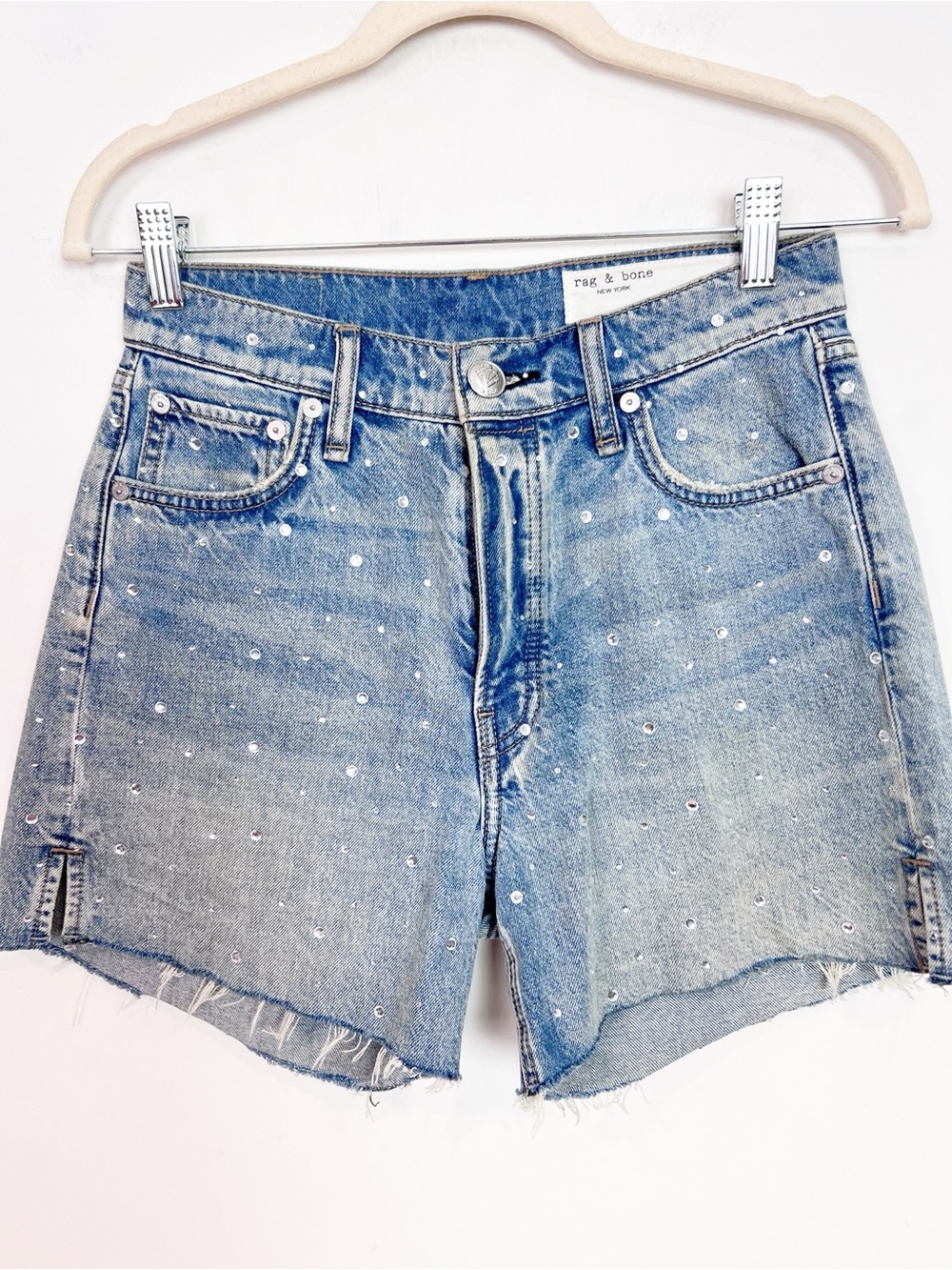 RAG & BONE VINTAGE CUT OFF HIGH RISE MIDI SHORTS WITH RHINESTONES SZ 2